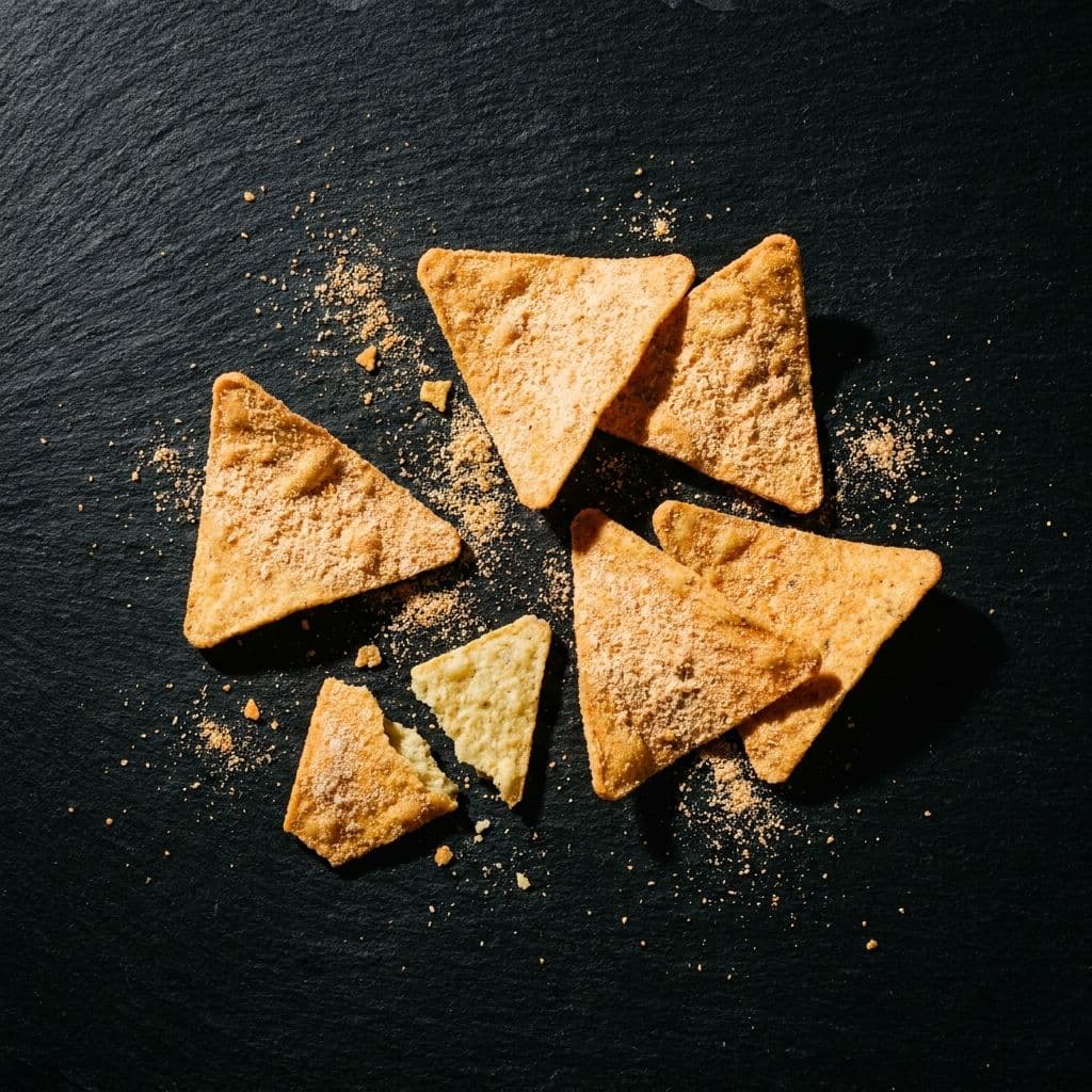 Overhead shot of triangular tortilla chips coated in pale orange cheddar and sour cream seasoning on matte black slate.