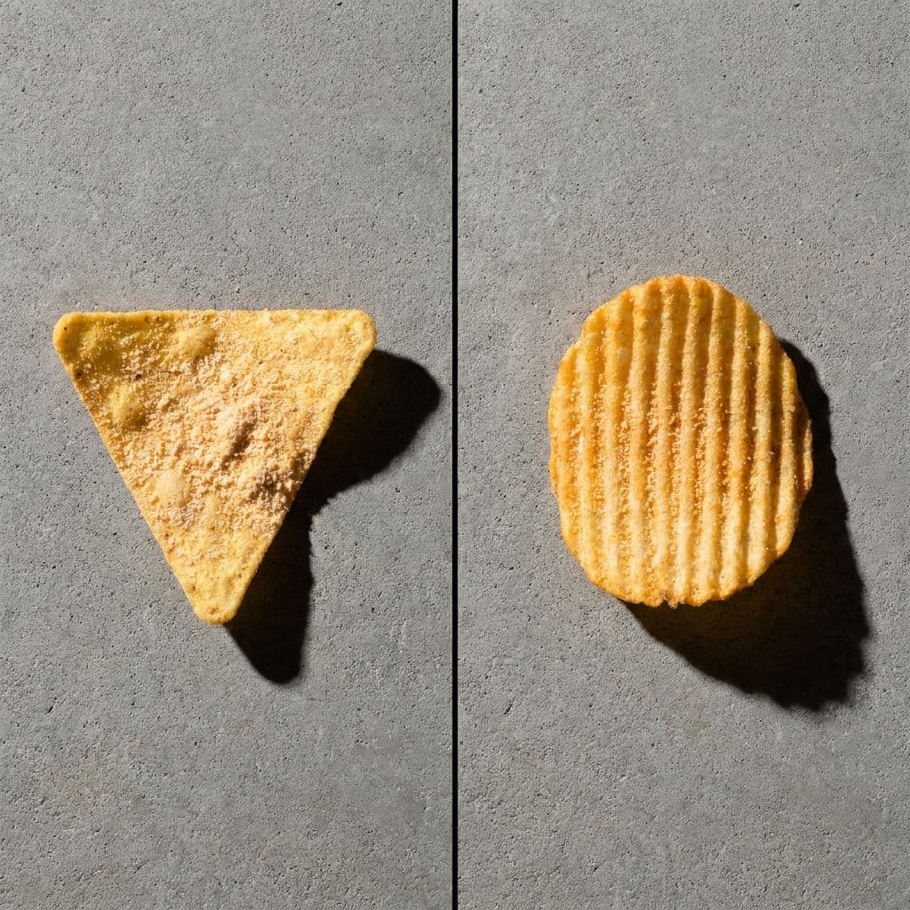 A triangular tortilla chip and a ridged potato chip side by side, both coated in the same pale orange seasoning.